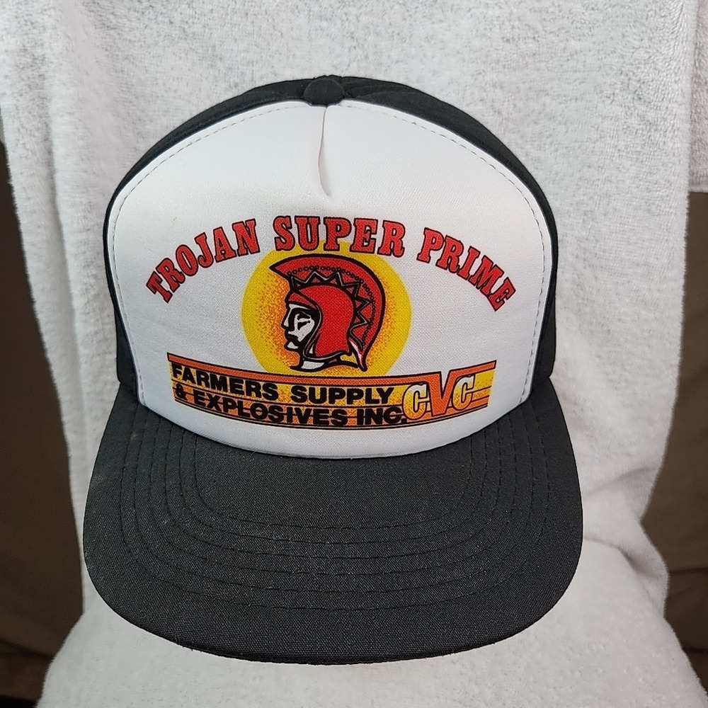 VTG Trojan Super Prime Explosives Full Foam Black Trucker Hat Cap Snapback